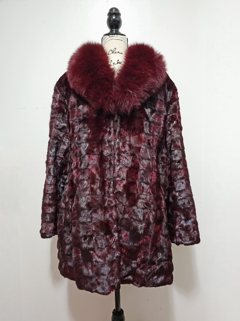 Newreal Mink Fur Coat Striped Mosaic Pieced Wine Red Burgundy Magenta Plum Fox